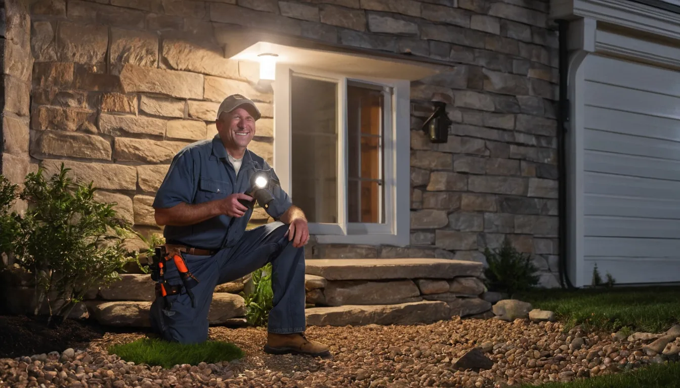 A friendly pest control provider inspecting a basement wall with a homeowner in Barnstable Town